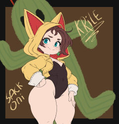 animal_ear_hood artist_name black_leotard blue_eyes blush brown_hair character_name closed_mouth clover_hair_ornament female final_fantasy final_fantasy_xiv flat_chest four-leaf_clover_hair_ornament from_side hair_ornament hand_on_own_hip highres hood hoodie krile_baldesion_(ff14) lalafell leotard looking_at_viewer playboy_bunny sabotender sackoni short_hair smile solo wide_hips yellow_hoodie 