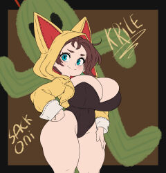  alternate_breast_size animal_ear_hood artist_name black_leotard blue_eyes blush breasts brown_hair character_name closed_mouth clover_hair_ornament female final_fantasy final_fantasy_xiv four-leaf_clover_hair_ornament from_side hair_ornament hand_on_own_hip highres hood hoodie huge_breasts krile_baldesion_(ff14) lalafell leotard looking_at_viewer playboy_bunny sabotender sackoni short_hair shortstack smile solo wide_hips yellow_hoodie 