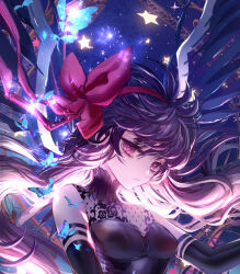  akemi_homura akuma_homura bilingual_commentary black_choker black_dress black_gloves black_hair black_wings bow bow_hairband bug butterfly choker commentary_request dress elbow_gloves expressionless feathered_wings female fishnets floating floating_hair frilled_choker frills gloves glowing glowing_hair hair_between_eyes hairband highres komorihikki light_particles long_hair mahou_shoujo_madoka_magica mahou_shoujo_madoka_magica:_hangyaku_no_monogatari mixed-language_commentary red_bow red_eyes red_hairband sidelocks sleeveless sleeveless_dress solo star_(sky) star_(symbol) very_long_hair wings 