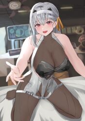  :d absurdres bandaged_head bandages bare_shoulders blush bodystocking boobplate breasts cleavage commentary_request covered_collarbone dress female goddess_of_victory:_nikke grey_hair hair_between_eyes hair_ribbon highres indoors large_breasts long_hair looking_at_viewer modernia_(nikke) on_bed open_mouth partial_commentary peli_cantaro red_eyes ribbon see-through see-through_cleavage shadow sitting smile solo wariza white_dress yellow_ribbon 