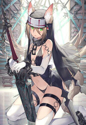  animal_ear_fluff animal_ears babydoll bad_id bad_pixiv_id bare_shoulders black_panties brown_hair chains closed_mouth cuffs duplicate ears_through_headwear elbow_gloves female flat_chest fox_ears gloves greatsword green_eyes habit hair_between_eyes highleg highleg_panties holding holding_sword holding_weapon kneeling lingerie long_hair looking_at_viewer navel noy nun original panties pixel-perfect_duplicate planted planted_sword restrained shackles solo stomach string_panties striped_clothes striped_panties sword thigh_strap thighhighs thighs underwear underwear_only veil very_long_hair weapon white_gloves white_thighhighs zipper zipper_pull_tab 