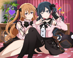  2girls absurdres alternate_hairstyle black_choker black_hair black_nails black_thighhighs brown_hair cellphone choker collarbone commentary_request grey_eyes highres holding holding_phone indoors jirai_kei konoe_kanata korean_commentary long_hair long_sleeves looking_at_viewer love_live! love_live!_nijigasaki_high_school_idol_club multiple_girls nail_polish one_eye_closed phone pink_shirt purple_eyes shirt sitting smartphone smile thighhighs twintails two_side_up wavy_hair yuki_setsuna_(love_live!) yumel_lot 