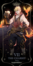  1boy alcohol aqua_eyes bandana beer beer_mug belt bird black_cape blonde_hair bracer cape cup danitz_(lord_of_the_mysteries) embers f.l.c. flame_print highres jar looking_at_viewer lord_of_the_mysteries male_focus mug numbered open_mouth pants phoenix photoshop_(medium) pirate red_bandana roman_numeral scar signature smile solo star_(symbol) tarot tarot_(medium) teeth the_chariot_(tarot) 