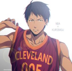  1boy aomine_daiki artistic_error bare_shoulders basketball_uniform black_eyes black_hair cleveland_cavaliers clothes_writing collarbone commentary_request copyright_name dark-skinned_male dark_skin grey_background hand_up kuroko_no_basuke lens_flare looking_at_viewer male_focus mashima_shima national_basketball_association parted_lips red_shirt shirt short_hair simple_background sleeveless sleeveless_shirt solo sportswear twitter_username upper_body 