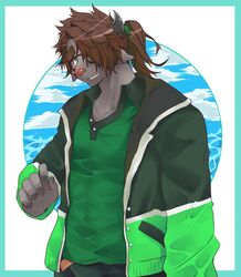  blush catoblepas_(tas) clothed clothing eyewear fur glasses green_eyes harukaze110 horn lifewonders looking_at_viewer male mammal solo tokyo_afterschool_summoners 