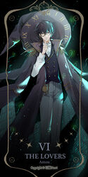  1boy amon_(lord_of_the_mysteries) black_eyes black_hair black_jacket clock_print curly_hair f.l.c. finger_to_mouth grey_pants hat highres jacket looking_at_viewer lord_of_the_mysteries male_focus monocle numbered pants photoshop_(medium) pocket_watch roman_numeral shirt signature smile solo star_(symbol) tarot tarot_(medium) the_lovers_(tarot) vest watch white_shirt witch_hat 