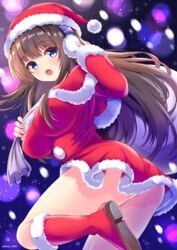  ass azur_lane blue_eyes blush breasts brown_hair christmas commentary_request dress female hat headphones highres kamishiro_(rsg10679) large_breasts long_hair long_island_(azur_lane) long_sleeves open_mouth santa_costume santa_dress santa_hat snow solo thighs very_long_hair 