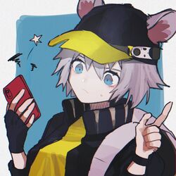  animal_ears arknights arms_up backpack bad_id bad_twitter_id bag baseball_cap black_gloves black_hat black_jacket blue_eyes click_(arknights) commentary_request female fingerless_gloves frown gloves grey_hair hat holding holding_phone index_finger_raised jacket mouse_ears one-hour_drawing_challenge open_clothes open_jacket phone portrait shirt short_hair single_glove solo sweatdrop une_une44 wristband yellow_shirt 