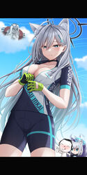  2boys 2girls animal_ears bike_shorts black_choker black_gloves blue_archive blue_eyes blush breasts broken_halo choker cloud collarbone commentary_request cosplay costume_switch cycling_uniform doodle_sensei_(blue_archive) extra_ears gloves green_gloves grey_hair halo heaven highres komori_kuzuyu large_breasts long_hair mismatched_pupils multiple_boys multiple_girls official_alternate_costume outdoors phrenapates_(blue_archive) sensei_(blue_archive) shiroko_(blue_archive) shiroko_(blue_archive)_(cosplay) shiroko_(cycling)_(blue_archive) shiroko_terror_(blue_archive) thumbs_up two-tone_gloves wolf_ears zipper 