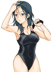  arm_up armpits bare_arms bare_shoulders black_hair black_one-piece_swimsuit blue_hair breasts byleth_(female)_(fire_emblem) byleth_(fire_emblem) cleavage collarbone commentary competition_swimsuit covered_navel cowboy_shot female fire_emblem fire_emblem:_three_houses fukuroumori hand_in_own_hair highres holding long_hair looking_away looking_to_the_side medium_breasts one-piece_swimsuit parted_lips solo swimsuit water_drop wet wet_clothes wet_hair wet_swimsuit 