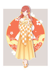  absurdres alternate_costume brown_eyes brown_hair checkered_clothes checkered_kimono commentary_request female floral_background flower full_body grey_background hair_flower hair_ornament hakama hakama_skirt hand_up highres index_finger_raised japanese_clothes kimono long_hair long_skirt looking_at_viewer mary_hunt miko_hanako otome_game_no_hametsu_flag_shika_nai_akuyaku_reijou_ni_tensei_shite_shimatta outline parted_lips pleated_skirt scrunchie shoes simple_background skirt smile solo white_outline wide_sleeves wrist_scrunchie yellow_footwear yellow_hakama yellow_skirt 