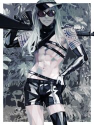  1boy belt_buckle black_sleeves black_thighhighs buckle chest_belt detached_sleeves fate/grand_order fate_(series) glasses gun holding holding_gun holding_weapon latex_shorts long_hair long_sleeves looking_at_viewer male_focus official_alternate_costume one-piece_swimsuit opaque_glasses over_shoulder parted_lips partially_opaque_glasses plant sei_8220 single_thighhigh solo sunglasses swimsuit tattoo tezcatlipoca_(summer_break)_(fate) thighhighs toned toned_male tribal_tattoo turtleneck turtleneck_one-piece_swimsuit underpec weapon weapon_over_shoulder zipper_legwear 