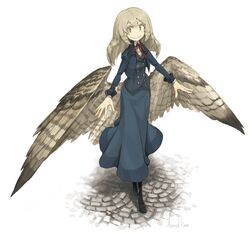  asterisk_kome blonde_hair blue_skirt boots buttons cropped_jacket female long_skirt low_wings neck_ribbon red_neckwear ribbon sett signature skirt smile vest white_background winged_fusiliers wings yellow_eyes 