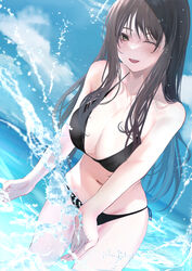  ;d beautiful_gunbari bikini black_bikini blush breasts brown_hair cleavage collarbone commentary_request commission female highres jung_su-a large_breasts long_hair looking_at_viewer navel one_eye_closed pixiv_commission side-tie_bikini_bottom smile solo splashing straight_hair swimsuit teeth toukaiseiya upper_teeth_only very_long_hair wading 