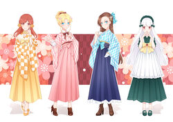  4girls absurdres albino alternate_costume blonde_hair blue_eyes blue_skirt blunt_bangs boots bow brown_bow brown_eyes brown_footwear brown_hair checkered_clothes checkered_kimono chinese_commentary commentary_request cross-laced_footwear earrings floral_background flower forehead frills full_body gloves green_footwear green_skirt grey_background hair_flower hair_ornament hairbow hakama hakama_skirt half_gloves hand_on_own_chest hand_on_own_hip hand_up headdress high-waist_skirt high_heel_boots high_heels highres index_finger_raised japanese_clothes jewelry katarina_claes kimono light_smile long_hair long_skirt long_sleeves looking_at_viewer maria_campbell mary_hunt miko_hanako multiple_girls otome_game_no_hametsu_flag_shika_nai_akuyaku_reijou_ni_tensei_shite_shimatta outline outstretched_hand parted_lips petals pink_skirt pleated_skirt red_eyes scrunchie shirt shoes short_hair short_ponytail simple_background skirt smile sophia_ascart steepled_fingers very_long_hair white_gloves white_hair white_outline white_shirt wide_sleeves wing_collar wrist_scrunchie yagasuri yellow_footwear yellow_skirt 