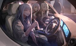  3girls ak-12_(girls&#039;_frontline) an-94_(girls&#039;_frontline) between_legs blue_eyes bottle car car_interior car_seat casual cellphone closed_eyes collared_shirt commentary driving girls&#039;_frontline grey_hair grin hair_ribbon hand_between_legs highres holding holding_bottle holding_phone long_hair mercedes-benz miyabino_(miyabi1616) motor_vehicle multiple_girls open_mouth phone platinum_blonde_hair purple_eyes ribbon right-hand_drive rpk-16_(girls&#039;_frontline) shirt sidelocks sleeves_rolled_up smartphone smile steering_wheel sweater tress_ribbon vest 