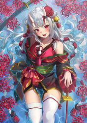  absurdres breasts chakuma_(yiyh1468) double_bun female frilled_sleeves frills hair_bun highres holding holding_sword holding_weapon hololive horns japanese_clothes kimono long_hair mask mask_on_head medium_breasts multicolored_hair nakiri_ayame nakiri_ayame_(1st_costume) oerba_yun_fang oni oni_mask open_mouth partially_submerged red_eyes red_kimono skin-covered_horns smile solo streaked_hair sword tassel thighhighs very_long_hair virtual_youtuber weapon wet white_hair white_thighhighs 