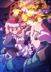  absurdres alicia_(kagawa_yuusaku) apron blonde_hair blush breasts brick_wall christmas christmas_lights christmas_ornaments christmas_tree couch crossed_legs dot_nose dress dutch_angle eyebrows_hidden_by_hair feet female foot_focus foot_up frilled_apron frills gift_bag hair_between_eyes hat highres indoors kagawa_yuusaku long_hair looking_at_viewer maid maid_apron medium_breasts on_couch original pinafore_dress pointy_hair purple_eyes red_ribbon ribbon santa_hat signature sleeveless sleeveless_dress solo thighs white_legwear 