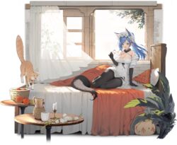  animal_ears aqua_eyes arm_support azur_lane bare_shoulders black_gloves black_pantyhose blue_hair breasts cleavage detached_sleeves dress elbow_gloves female fox_ears fox_girl fox_tail glasses gloves hagi_(ame_hagi) hair_ornament hair_ribbon headdress highres holding holding_removed_eyewear indoors jintsuu_(azur_lane) jintsuu_(the_gray_wolf&#039;s_ploy)_(azur_lane) large_breasts long_hair oerba_yun_fang official_alternate_costume official_art on_bed open_mouth pantyhose ponytail ribbon sitting solo tail torn_clothes torn_dress transparent_background unworn_eyewear white_dress yokozuwari 