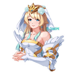  alternate_hair_length alternate_hairstyle bare_shoulders blonde_hair blue_eyes blue_hair blush breasts bridal_veil cleavage closed_mouth collarbone commentary conope dress earrings feather_trim female fire_emblem fire_emblem_heroes fjorm_(bridal)_(fire_emblem) fjorm_(fire_emblem) gradient_hair jewelry lips long_hair looking_at_viewer medium_breasts multicolored_hair simple_background smile solo strapless strapless_dress tiara upper_body veil wedding_dress white_background white_dress 