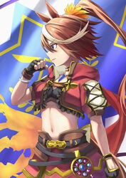  absurdres animal_ears black_gloves blue_eyes breasts brown_hair chakuma_(yiyh1468) clenched_hands closed_mouth female fingerless_gloves flag flower gloves hair_flower hair_ornament highres horse_ears horse_girl horse_tail jewelry long_hair midriff multicolored_hair navel necklace official_alternate_costume ponytail profile puffy_short_sleeves puffy_sleeves short_sleeves solo streaked_hair tail tokai_teio_(beyond_the_horizon)_(umamusume) tokai_teio_(umamusume) two-tone_hair umamusume white_hair 