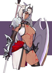  absurdres animal_ears armor bikini bikini_armor black_bikini black_gloves black_thighhighs blue_eyes body_markings breasts caenis_(fate) cowboy_shot dark-skinned_female dark_skin dog_ears elbow_gloves ennuigrl fate/grand_order fate_(series) female gauntlets gloves greaves grey_hair hair_intakes headpiece highleg highleg_bikini highres navel pauldrons polearm shield shoulder_armor shoulder_plates solo swimsuit tattoo thighhighs torn_clothes torn_thighhighs weapon white_bikini 