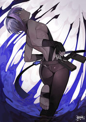  absurdres ass belt black_hairband black_leotard breasts butt_crack dark-skinned_female dark_skin fate/grand_order fate/prototype fate/prototype:_fragments_of_blue_and_silver fate_(series) female fingerless_gloves from_behind gloves hairband hassan_of_serenity_(fate) highres leggings leotard nao_(syn_eaa) purple_eyes purple_hair small_breasts solo standing standing_on_one_leg very_dark_skin 