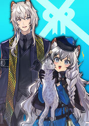  1boy animal animal_ear_fluff animal_ears arknights bell belt black_belt black_gloves black_jacket black_necktie black_vest blazer blue_background blue_dress blush braid brother_and_sister dress female gloves grey_eyes grey_hair grey_shirt hair_between_eyes hands_up hat highres holding holding_animal jacket leopard leopard_ears long_hair long_sleeves looking_at_another moyume necktie official_alternate_costume open_clothes open_jacket open_mouth pramanix_(arknights) pramanix_(caster&#039;s_frost)_(arknights) shirt siblings silverash_(arknights) silverash_(york&#039;s_bise)_(arknights) stole upper_body vest 