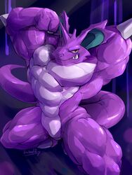  3:4 abs anthro biceps big_ears flexing flexing_bicep generation_1_pokemon grin hi_res horn male mammal muscular muscular_anthro muscular_male nidoking nintendo pecs pokemon pokemon_(species) pose purple_body smile solo teeth tusks vein waddledox 