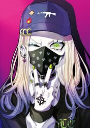  badge baseball_cap blonde_hair button_badge chains choker clothes_writing collared_shirt cross earclip earrings eyelashes female furrowed_brow gradient_background gradient_hair green_eyes green_nails gun_print hand_tattoo hat highres jewelry long_hair long_sleeves looking_at_viewer mask mouth_mask multicolored_hair multiple_rings nail_polish one_eye_closed original pale_skin pink_background print_headwear print_mask puppeteer7777 purple_background purple_hair purple_hat ring shirt solo spikes sweater tattoo two-tone_hair upper_body w 