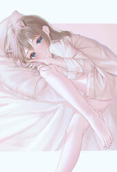  absurdres amaroku_neko barefoot bed_sheet blue_eyes blue_nails blush brown_hair commentary eyelashes feet female foot_out_of_frame hair_between_eyes hand_up highres horns indie_virtual_youtuber kano_(utaite) knee_up legs long_hair long_legs long_sleeves looking_at_viewer lying nail_polish on_side oversized_clothes oversized_shirt pillow shadow shiny_clothes shirt sidelocks sleepwear solo thighs toenail_polish toenails toes virtual_youtuber 