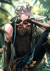  1boy absurdres alhaitham_(genshin_impact) antenna_hair blurry blurry_background cape closed_mouth commentary_request covered_navel depth_of_field detached_sleeves elbow_gloves flower gem genshin_impact gloves green_gemstone grey_hair hair_between_eyes hair_over_one_eye headphones highres male_focus muscular muscular_male outdoors parted_lips partially_fingerless_gloves pectorals pink_flower short_hair shoulder_cape sitting solo sweat swept_bangs toned toned_male water wingtemple 