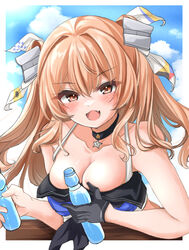  bikini blush breasts brown_eyes cleavage collar collarbone commentary_request female gloves highres johnston_(kancolle) johnston_kai_(swimsuit_mode)_(kancolle) kantai_collection kasashi_(kasasi008) large_breasts light_brown_hair long_hair looking_at_viewer oerba_yun_fang open_mouth solo swimsuit two_side_up 