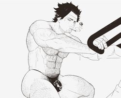  1boy abs arm_hair bara bikini_briefs black_bulls_(emblem) black_clover black_hair body_hair bulge chest_hair cigarette exercising facial_hair feet_out_of_frame hairy highres large_pectorals leg_hair male_focus male_pubic_hair male_underwear mature_male minko_(katsu_kirishi) muscular muscular_male navel navel_hair nipples pectorals print_male_underwear pubic_hair short_hair smoking solo stomach stubble sweat thick_thighs thighs topless_male underwear underwear_only yami_sukehiro 