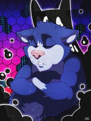  .hack 3:4 anthro blue_body blue_fur casuallynoted cat_(casuallynoted) closed_eyes curled_up cyberconnect2 domestic_cat felid feline felis fetal_pose fur hexagon hi_res male mammal pink_nose shadow_creature sky3 solo white_body white_fur 