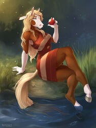  2022 3:4 5_fingers accessory anthro apple blonde_hair brown_body brown_fur clothed clothing conditional_dnp digital_media_(artwork) dreamworks equid equine feather_in_hair feathers female fingers food forest forest_background fruit fur hair hair_accessory holding_object hooves horse legs_in_water looking_at_viewer mammal mane nature nature_background outside partially_submerged plant presenting rain_(cimarron) river simple_background solo spirit:_stallion_of_the_cimarron tail_in_water tgt1512 topwear tree water white_body white_fur 