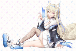  animal_ear_fluff animal_ears belt belt_collar black_collar black_jacket blonde_hair blue_belt blue_hair blue_nails breasts cleavage_cutout clothing_cutout collar dog_ears dog_girl dog_tail dress fake_claws female fur-trimmed_jacket fur_trim fuwawa_abyssgard fuwawa_abyssgard_(1st_costume) hair_ornament hairpin highres hololive hololive_english jacket large_breasts long_hair looking_at_viewer multicolored_hair nail_polish pink_hair qiaogun_damodao shoes single_fishnet_legwear smile sneakers solo spiked_collar spikes streaked_hair tail virtual_youtuber white_dress white_footwear 