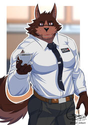  2023 absurd_res anthro belt beverage biped bottomwear brown_body brown_eyes brown_fur canid canine canis chief_gilbert clothed clothing coffee coffee_cup container cup digital_media_(artwork) eyebrows eyewear fully_clothed fur glasses hi_res holding_object looking_at_viewer male mammal necktie open_mouth open_smile pants shirt smile solo standing steam topwear wolf 