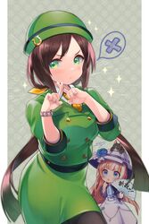  2girls akikawa_yayoi_(umamusume) animal artist_name black_legwear blue_eyes blush brown_hair closed_mouth dated feline folding_fan green_eyes green_headwear green_jacket hand_fan hat hat_ornament hayakawa_tazuna highres holding holding_fan horseshoe_ornament jacket long_hair long_sleeves multiple_girls n:go necktie open_mouth pantyhose signature split_ponytail umamusume white_hair white_headwear yellow_necktie 