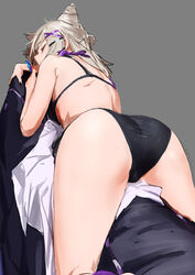  aa-12_(girls&#039;_frontline) aa-12_(smokeless_lollipop)_(girls&#039;_frontline) ahoge ass bags_under_eyes black_nails bra cone_hair_bun earrings female from_behind girls&#039;_frontline grey_background hair_bun highres jewelry light_brown_hair long_hair nail_polish panties sanderson shirt simple_background sleeping solo star_(symbol) star_earrings underwear unworn_shirt white_shirt wristband 