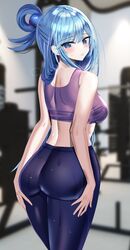  absurdres aqua_(konosuba) ass blue_eyes blue_hair breasts commentary exercise_machine female focused from_behind gym hair_ornament hair_rings hanasaka_houcha highres indoors kono_subarashii_sekai_ni_shukufuku_wo! long_hair looking_at_viewer looking_back pants purple_sports_bra single_hair_ring solo sports_bra sportswear steaming_body sweat yoga_pants 