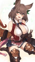  animal_ears arm_under_breasts bare_shoulders blush boots breasts brown_gloves brown_hair commentary erune female ganesagi gloves granblue_fantasy green_eyes hair_between_eyes hair_ornament highres la_coiffe_(granblue_fantasy) large_breasts leaf_hair_ornament looking_at_viewer miniskirt open_mouth sideless_outfit sitting skirt solo thigh_boots v wariza white_background zettai_ryouiki 