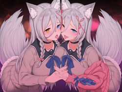  2girls animal_ear_fluff animal_ears asymmetrical_docking azuse_neko black_choker black_sailor_collar blue_bow blush bow breast_press breasts breasts_out cardigan choker collarbone eyelashes fingernails fox_ears fox_girl fox_tail frilled_skirt frills grey_shirt grey_skirt hair_between_eyes hair_ornament hair_ribbon hairbow heterochromia highres holding_hands interlocked_fingers kemomimi_refle! large_breasts long_hair long_sleeves looking_at_viewer miniskirt multicolored_hair multiple_girls nail_polish no_bra non-web_source oerba_yun_fang off_shoulder open_mouth pink_bow pink_cardigan pink_nails pleated_skirt red_hair ribbon ronomiya_hinagiku sailor_collar school_uniform shirt siblings sidelocks sisters skirt smile streaked_hair tail tail_raised twins two-tone_hair very_long_hair virtual_youtuber white_hair 