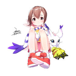  blue_eyes blush brown_eyes brown_hair closed_mouth digimon digimon_(creature) digimon_adventure ejami female gloves looking_at_viewer panties short_hair shorts simple_background smile tailmon underwear upshorts white_background yagami_hikari 