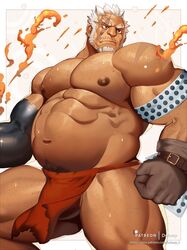  1boy abs amatsumara_(housamo) bara beard belly bulge chest_hair dsharp embers facial_hair fat fat_man fire gloves goatee highres large_pectorals loincloth long_sideburns male_focus male_underwear muscular muscular_male navel nipples old old_man pectorals pelvic_curtain red_eyes red_male_underwear scar scar_across_eye scar_on_arm scar_on_face short_hair sideburns single_glove solo spread_legs stomach thick_thighs thighs tokyo_afterschool_summoners underwear white_hair 