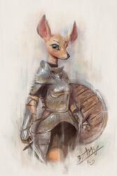  2020 2:3 anthro armor assasinmonkey biped clothed clothing deer digital_media_(artwork) digital_painting_(artwork) female hi_res holding_melee_weapon holding_object holding_sword holding_weapon mammal melee_weapon solo sword weapon yellow_eyes 