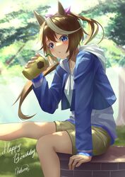  alternate_costume animal_ears bad_id bad_pixiv_id blue_eyes blue_jacket blush bow brown_hair chakuma_(yiyh1468) chestnut_mouth cup drinking_straw female hairbow happy_birthday highres holding holding_cup hood hoodie horse_ears horse_girl horse_tail jacket leg_up long_hair looking_at_viewer multicolored_hair outdoors ponytail signature sitting solo streaked_hair tail tokai_teio_(umamusume) tree two-tone_hair umamusume very_long_hair white_hair white_hoodie 