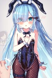  1boy 2girls ^^^ absurdres alternate_costume animal_ears aqua_eyes azur_lane bare_shoulders black_leotard blue_eyes blue_hair blunt_bangs blush bow bowtie braid breasts commander_(azur_lane) commentary_request detached_collar eyes_visible_through_hair fake_animal_ears fishnet_pantyhose fishnets grey_background hair_between_eyes hair_over_one_eye hand_up highres janus_(azur_lane) jervis_(azur_lane) leotard long_hair multiple_girls open_mouth pantyhose pekoli playboy_bunny purple_hair rabbit_ears short_hair simple_background small_breasts strapless strapless_leotard surprised sweatdrop triangle_mouth very_long_hair 