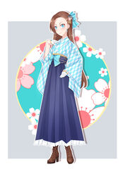  absurdres alternate_costume blue_eyes blue_hakama blue_skirt boots brown_footwear brown_hair commentary_request cross-laced_footwear earrings female floral_background forehead full_body gloves grey_background hair_ornament hakama hakama_skirt half_gloves hand_on_own_chest hand_on_own_hip high-waist_skirt high_heel_boots high_heels highres japanese_clothes jewelry katarina_claes long_hair long_skirt looking_at_viewer miko_hanako otome_game_no_hametsu_flag_shika_nai_akuyaku_reijou_ni_tensei_shite_shimatta outline pleated_skirt simple_background skirt solo very_long_hair white_gloves white_outline wide_sleeves yagasuri 