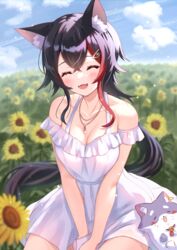  absurdres animal_ear_fluff animal_ears bare_shoulders black_hair blush breasts cleavage closed_eyes commentary_request day dress female flipped_hair hair_between_eyes hair_ornament highres hololive large_breasts long_hair miofa_(ookami_mio) multicolored_hair oerba_yun_fang ookami_mio open_mouth outdoors red_hair skin_fang smile streaked_hair togemaru34 very_long_hair virtual_youtuber white_dress white_hair wolf_ears wolf_girl yellow_eyes 